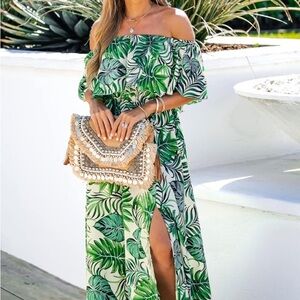 Tropical Leaf Print Maxi Dress with Clutch long dress